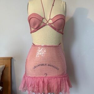 Nensi Dojaka Pink Sequin Mesh Bra & Ruffle Skirt Set | 0/XXS | Runway